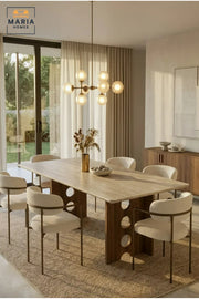 Large Rectangular Dining Table with Wooden Top and Decorative Wooden Base, Modern Table for Dining Room, Kitchen, Café and Restaurant