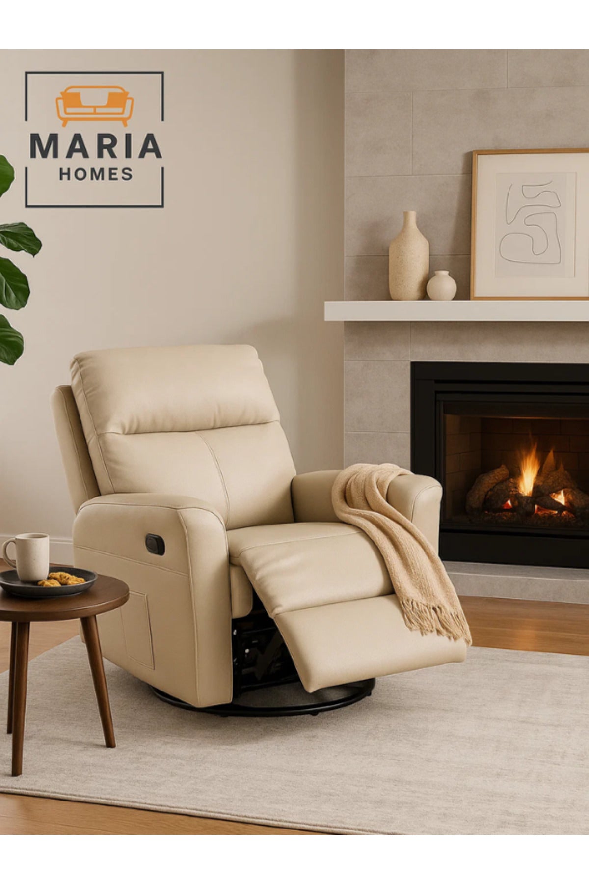 Beige Recliner Chair Ð Swivel & Recline Armchair with Side Pocket for Living Room