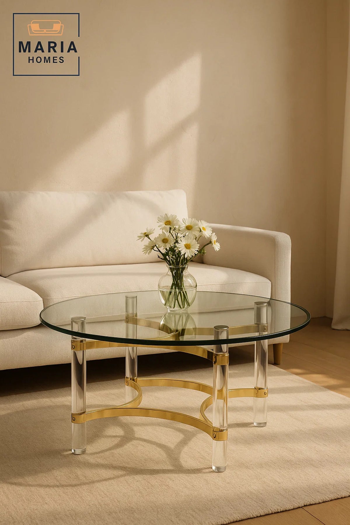 Luxury Round Glass Coffee Table 90_90_45 cm with Gold Stainless Steel and Acrylic Legs