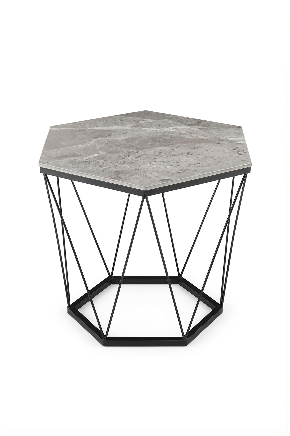 Stylish Hexagon Coffee Table Grey Stone Look Top Black Geometric Metal Base Living Room 61x61cm
