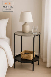 Modern Round Side Table with Stone-Texture Top and Black Tray Shelf