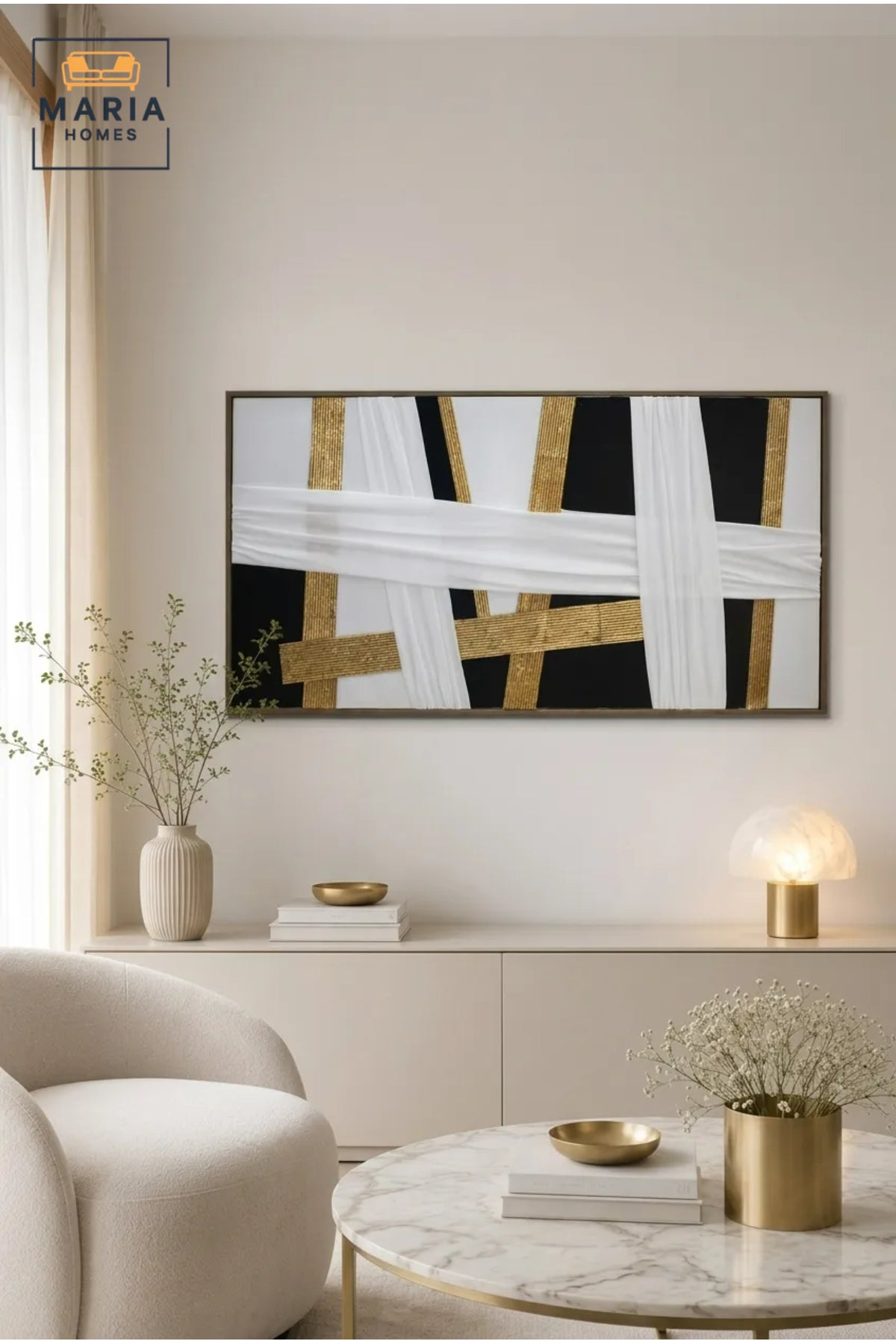Luxury Horizontal Abstract Wall Art Ð Modern Black White Gold Textured Geometric Framed Artwork for Living Room, Dining Room & Office