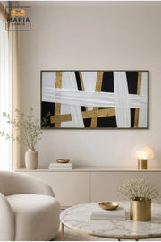 Luxury Horizontal Abstract Wall Art Ð Modern Black White Gold Textured Geometric Framed Artwork for Living Room, Dining Room & Office