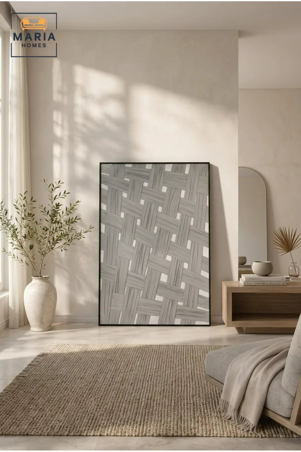 Gray Woven Texture Abstract Wall Art with Black Frame Ð Modern Geometric Decorative Artwork
