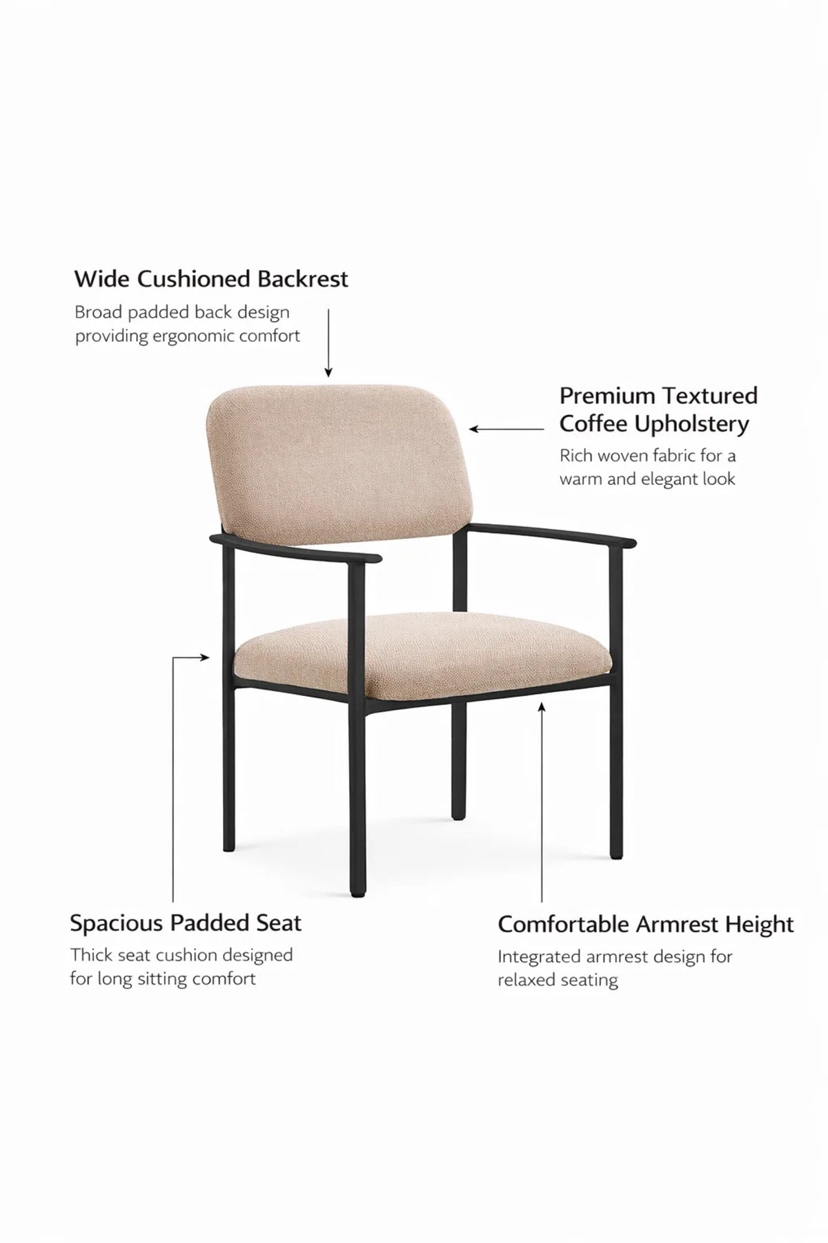 Modern Beige Upholstered Armchair with Black Metal Frame Stylish Dining Chair for Home Office Use