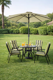 Modern Outdoor Garden Dining Set with Parasol Round Table and Four Comfortable Striped Chairs