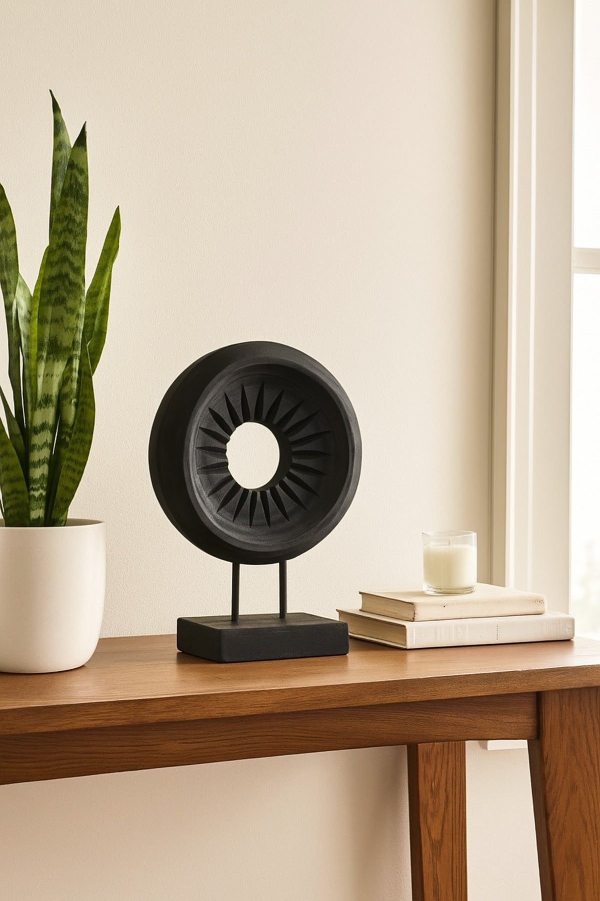 Black Wooden Round Decorative Sculpture on Stand Ð Modern Home Accent