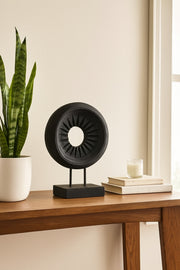 Black Wooden Round Decorative Sculpture on Stand Ð Modern Home Accent