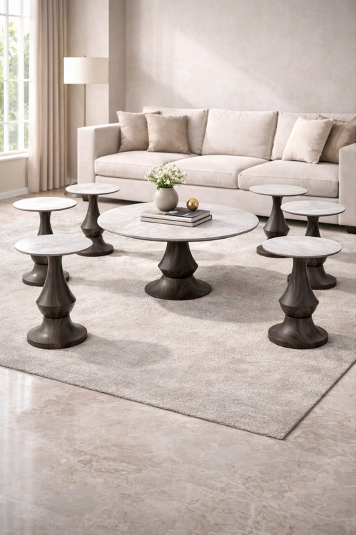Luxury Ceramic Coffee Table Set 1+6 √ê Marble Top with Sculpted Wood Base
