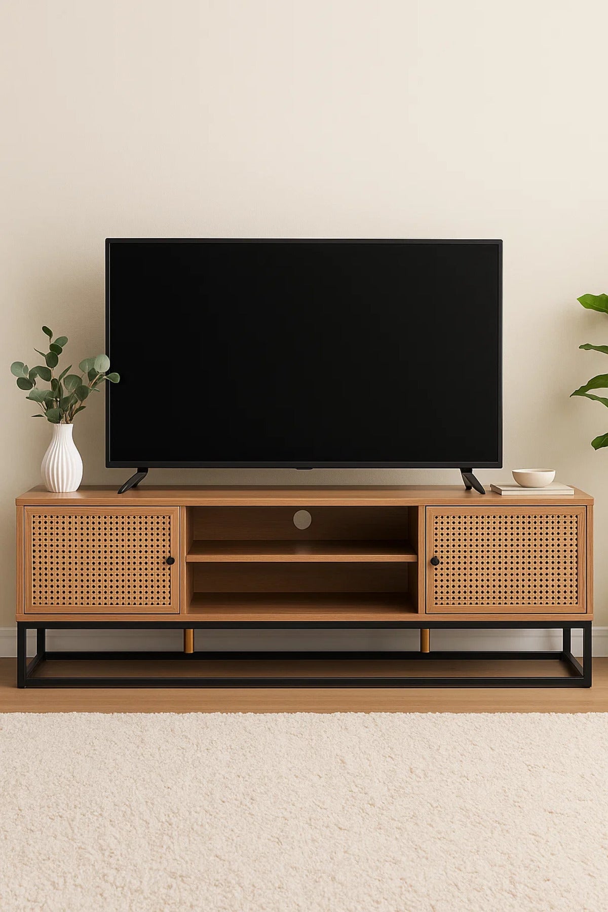Natural Wood TV Stand with Woven Rattan Doors and Metal Frame Ð 160x39x48cm Media Console