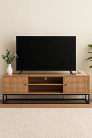 Natural Wood TV Stand with Woven Rattan Doors and Metal Frame Ð 160x39x48cm Media Console