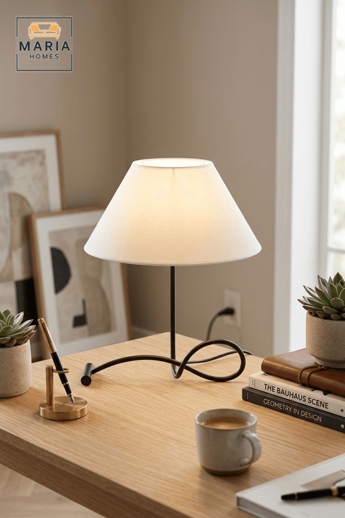 White Shade Black Metal Table Lamp with Corded Base for Home Desk Lighting
