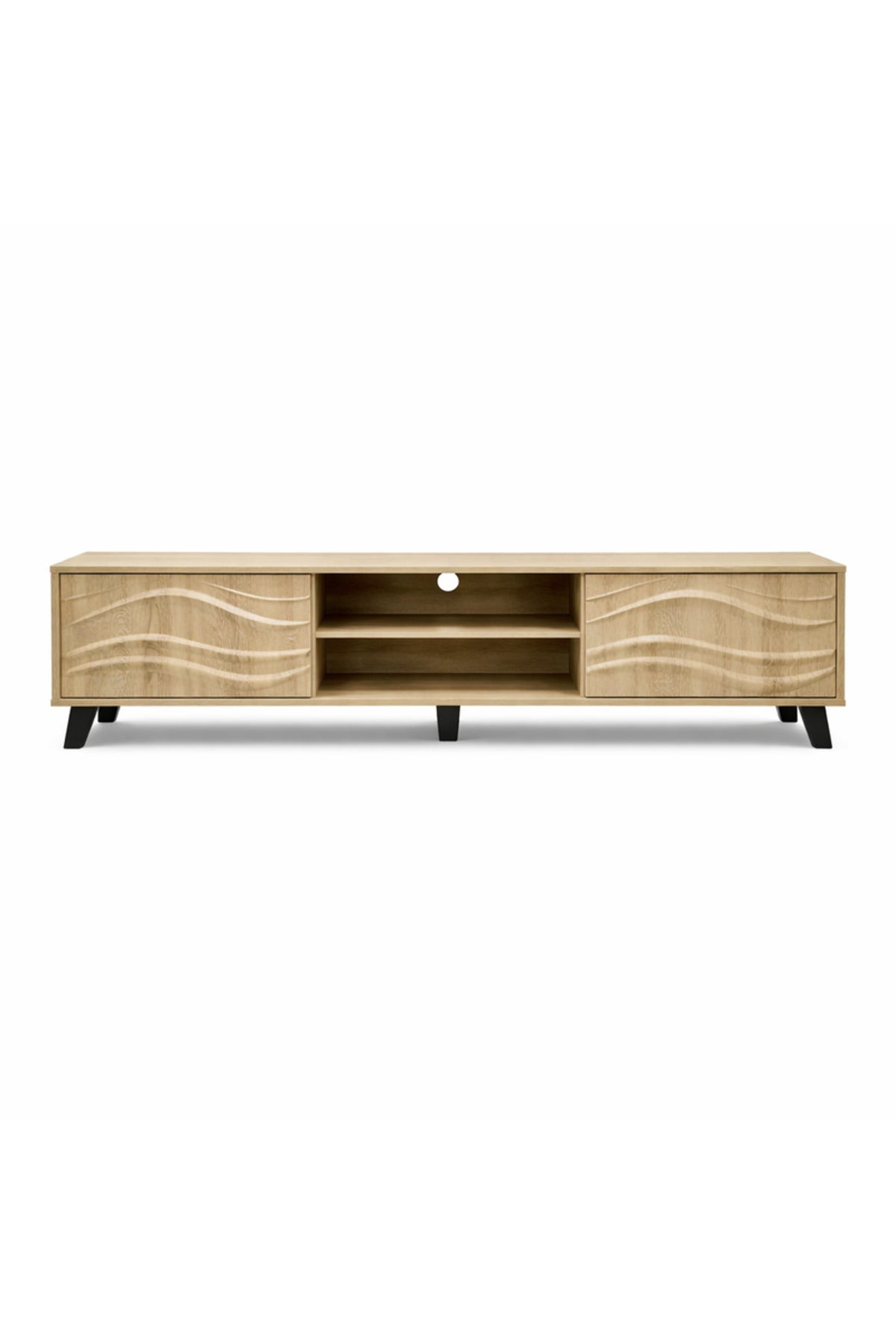 Modern Wood Finish TV Stand with Decorative Wave Panels and Storage