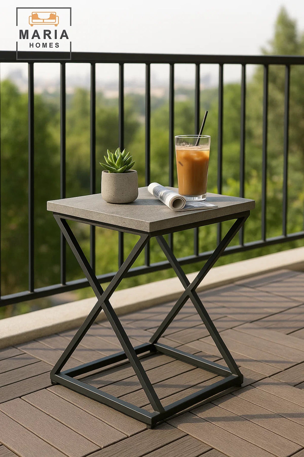 Stone-Look Square Table with Black Industrial X-Frame Base