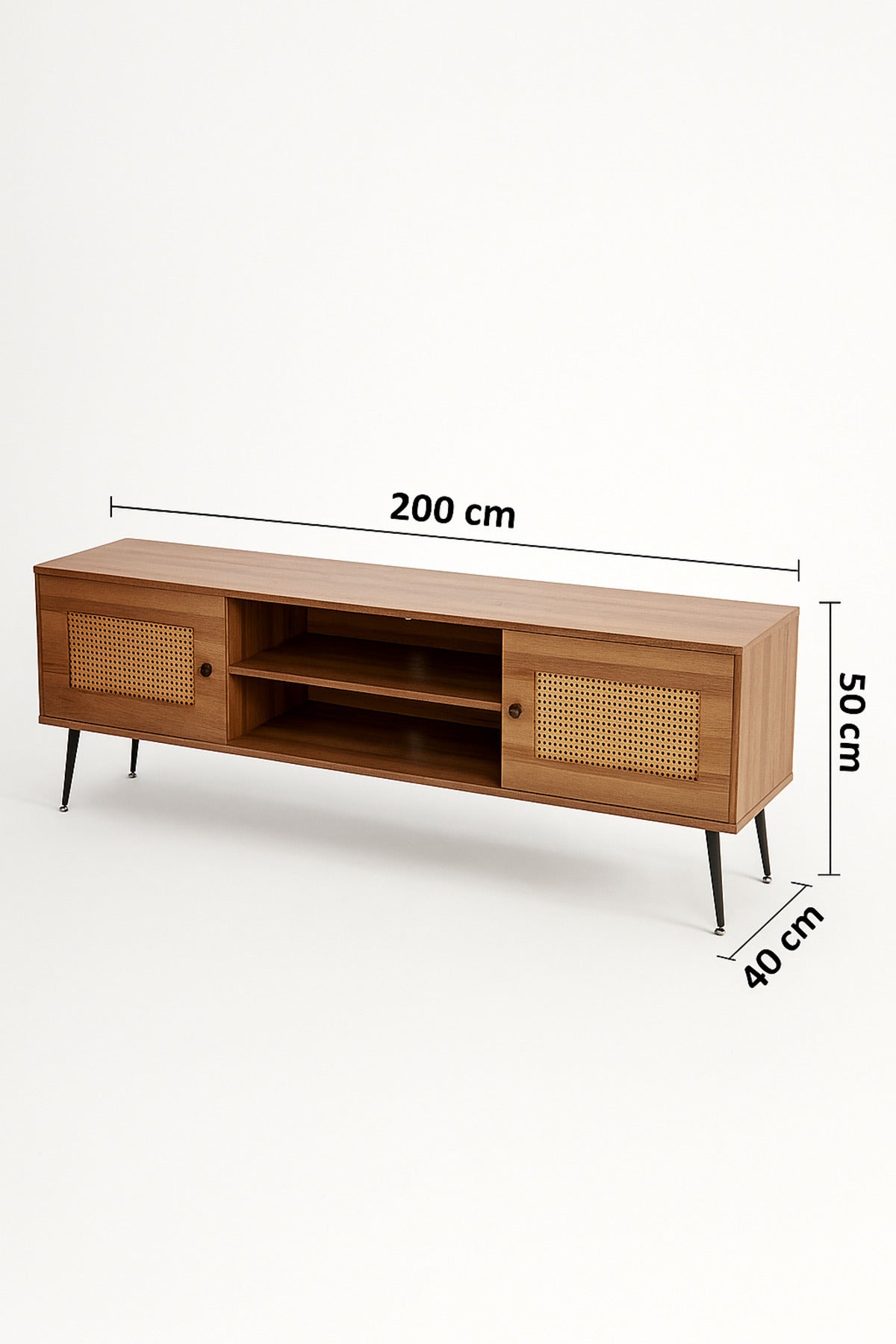 Brown Wooden TV Stand with Rattan Doors | Modern TV Cabinet with Shelves & Storage | 200_40_50 cm