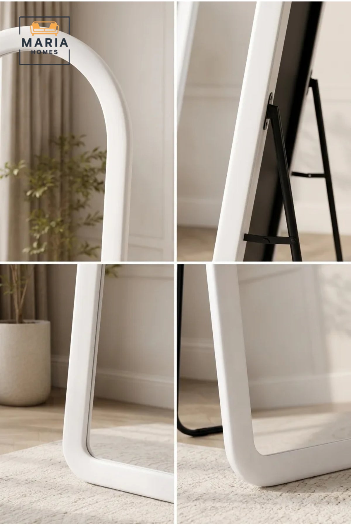 Full Length Arched Floor Mirror √ê White Wooden Frame, Free Standing with Metal Stand