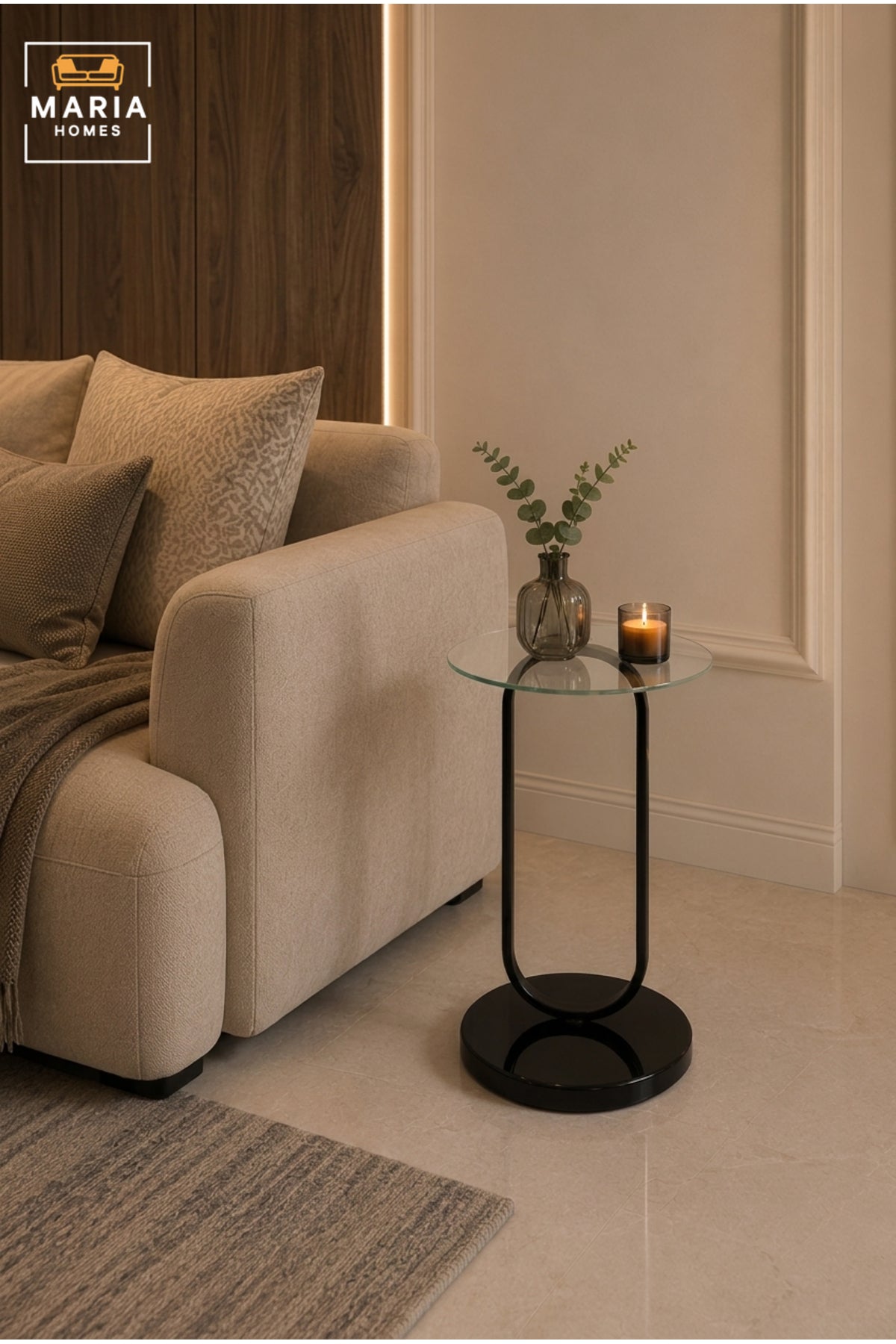 Modern Glass Side Table √ê Round Accent End Table with Black Metal Base for Living Room & Bedroom