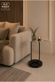 Modern Glass Side Table √ê Round Accent End Table with Black Metal Base for Living Room & Bedroom