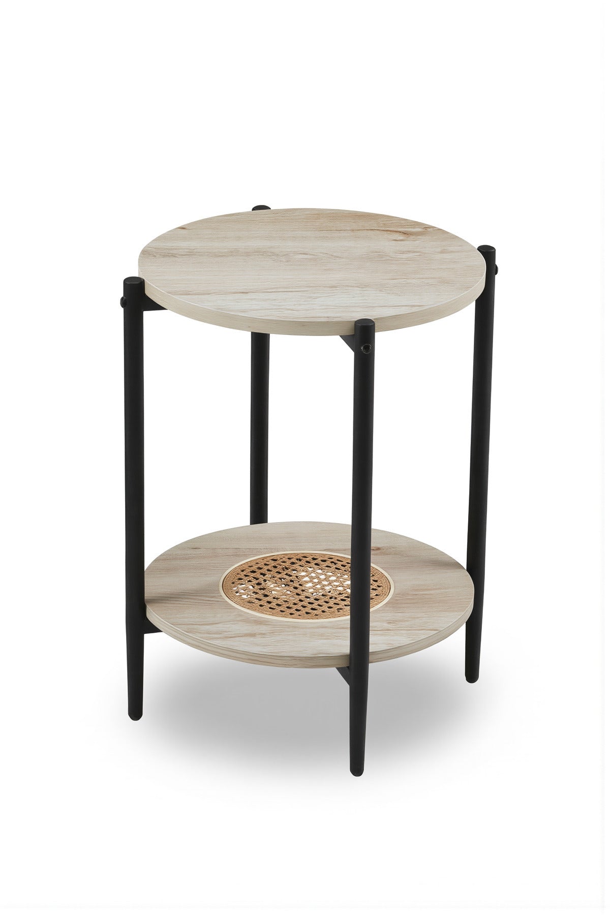 Modern Light Wood Side Table √ê Round Coffee Table with Rattan Storage Shelf 40_40_55 cm