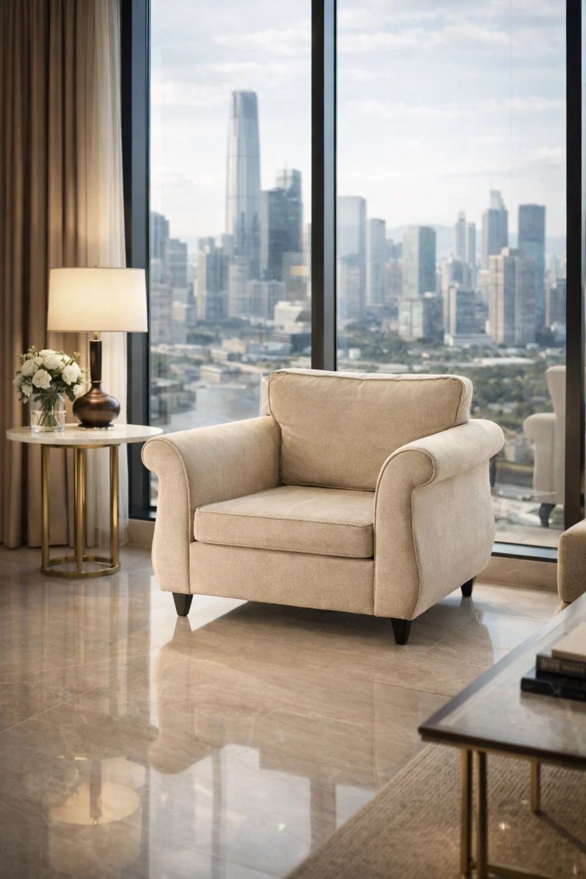 Beige Single Seater Sofa with Cushioned Seat and Classic Design