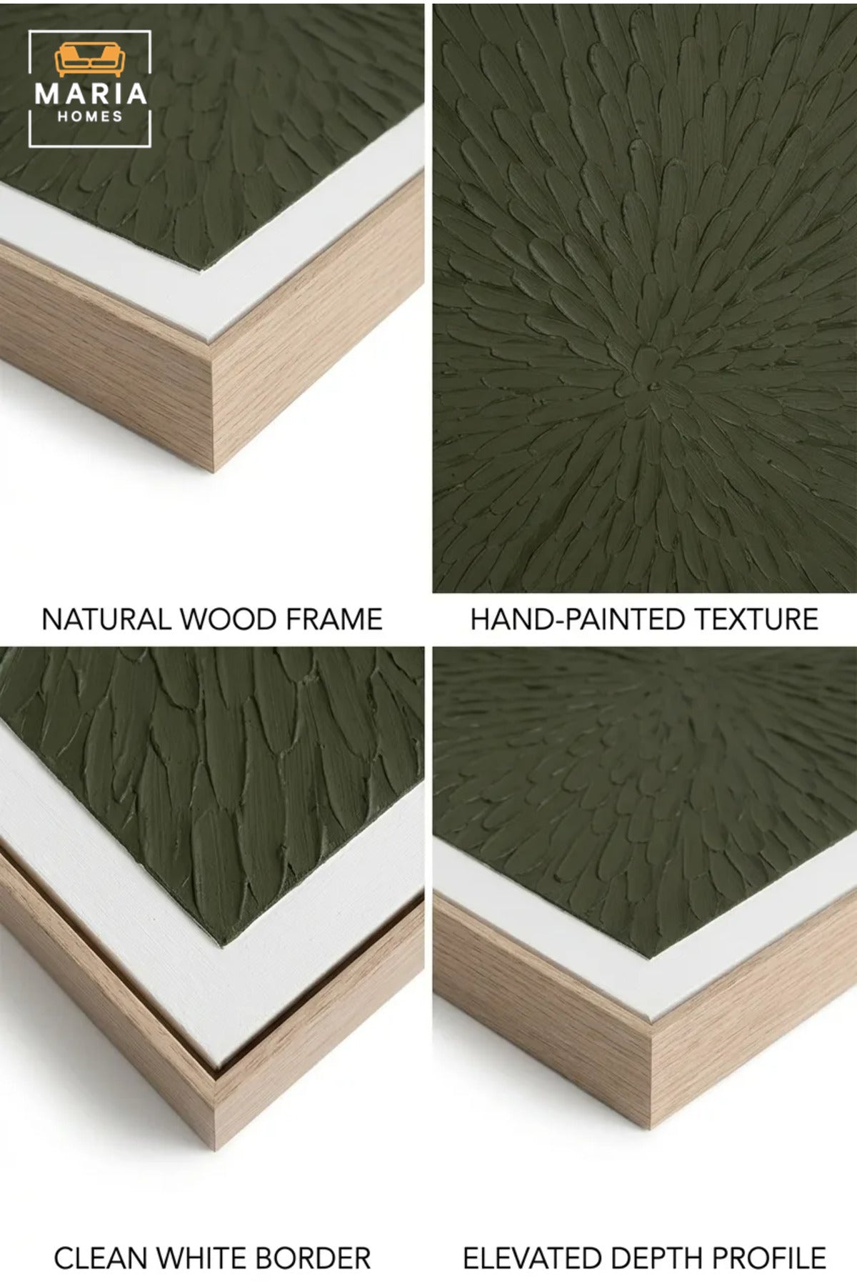 Modern Abstract Textured Wall Art with Natural Frame, Olive Green Botanical Relief Design for Living Room, Bedroom, Hallway and Office Décor
