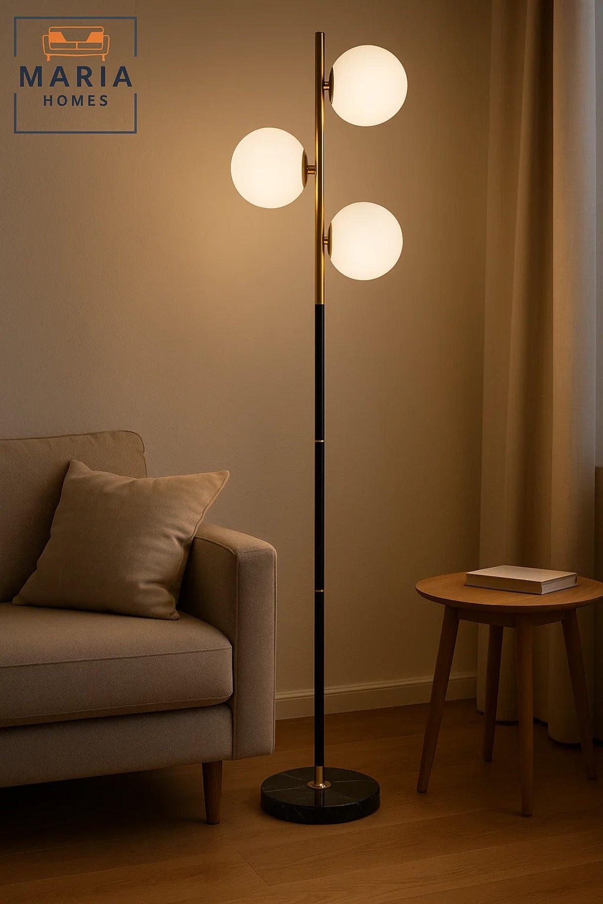 Black and Gold Floor Lamp with Three Globe Lights
