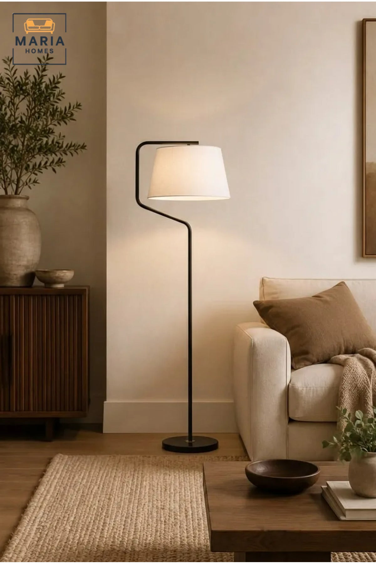 Modern Floor Lamp with Fabric Drum Shade and Curved Frame, Freestanding Standing Light for Living Room, Bedroom, Reading Corner and Home Office