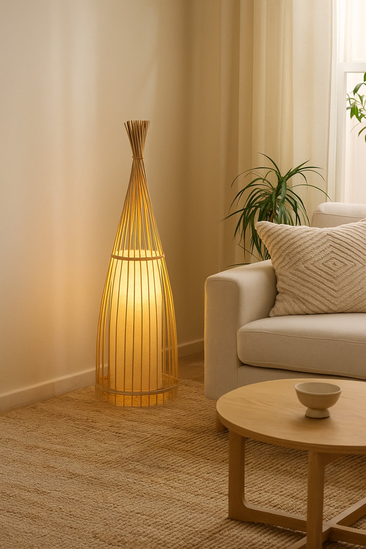 Natural Bamboo Floor Lamp Ð Handcrafted Rattan Design with Fabric Shade for Living Room & Bedroom