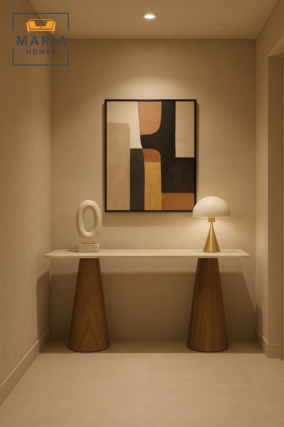Beige Top Console Table with Brown Wooden Base Ð Modern Entryway & Living Room Table 140_40_80 cm