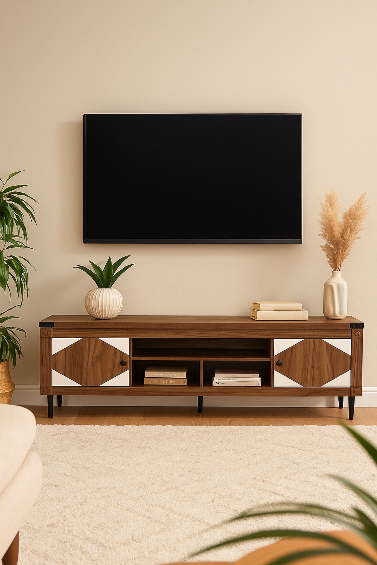 Walnut & White Wooden TV Stand 180_40_55 cm Ð Modern TV Unit with Storage Cabinets and Open Shelves