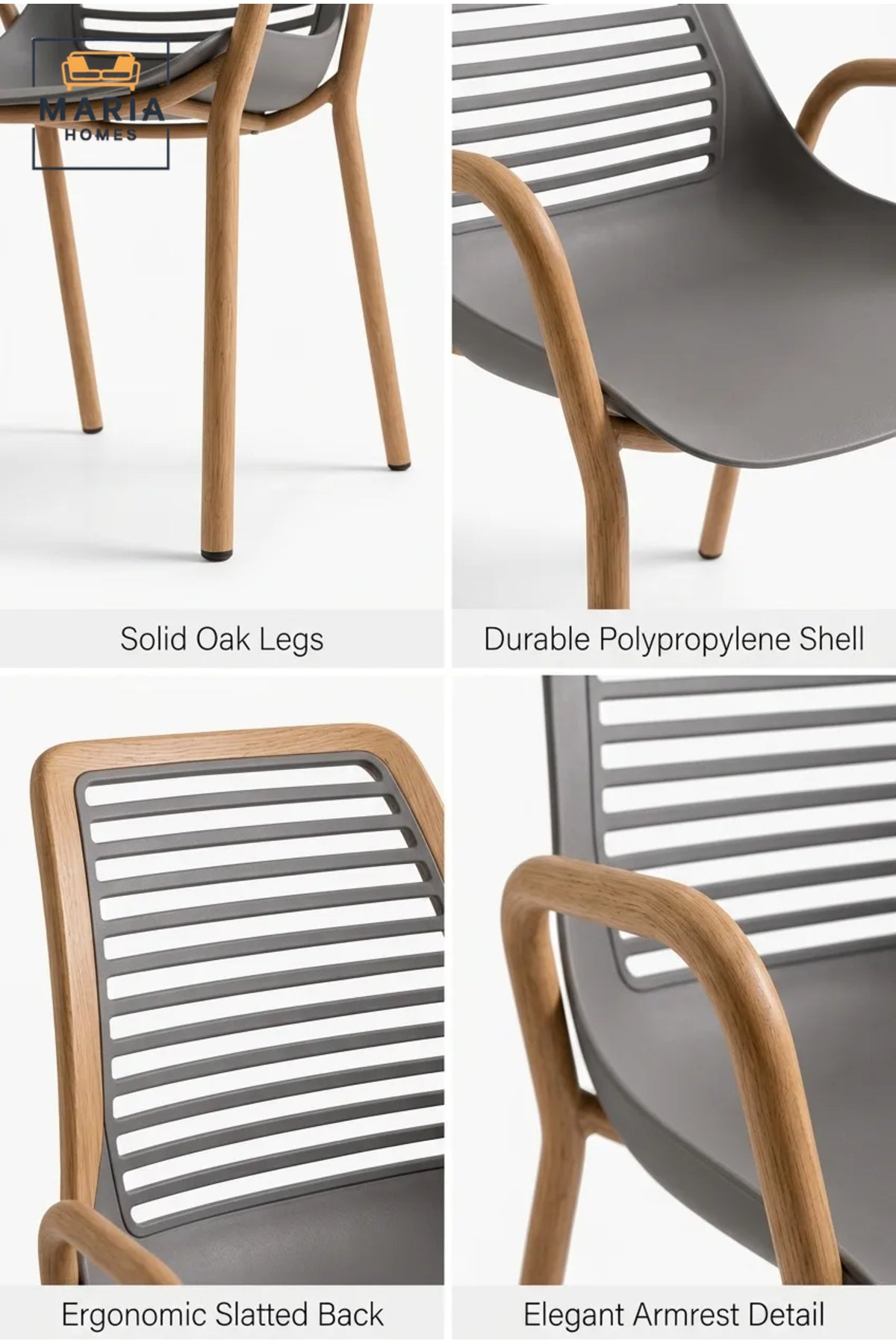Grey Plastic Dining Chair with Wooden Armrests √ê Modern Scandinavian Dining Chair with Natural Wood Legs for Dining Room, Kitchen & Caf≈Ω