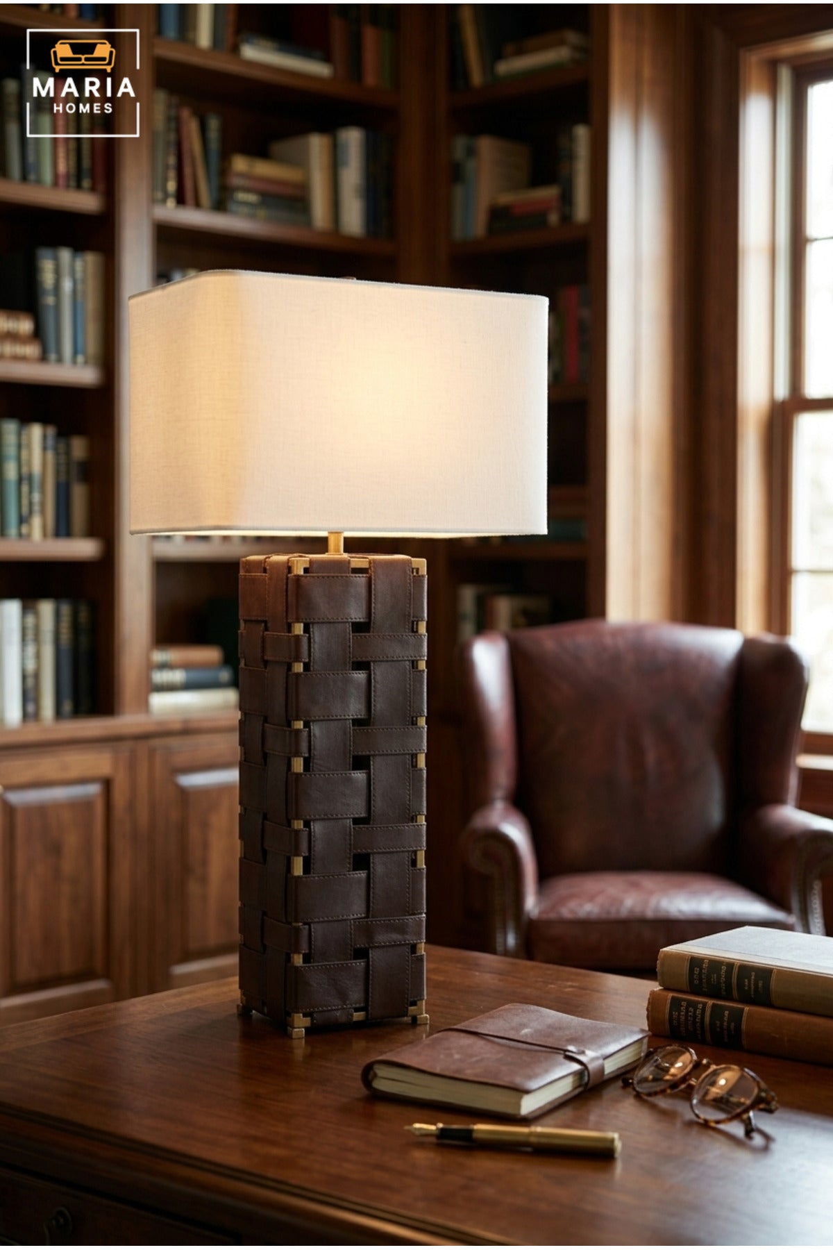 Luxury Woven Leather Table Lamp with White Rectangular Fabric Shade and Dark Brown Textured Base for Bedroom, Living Room, Office, Hotel and Bedside Décor