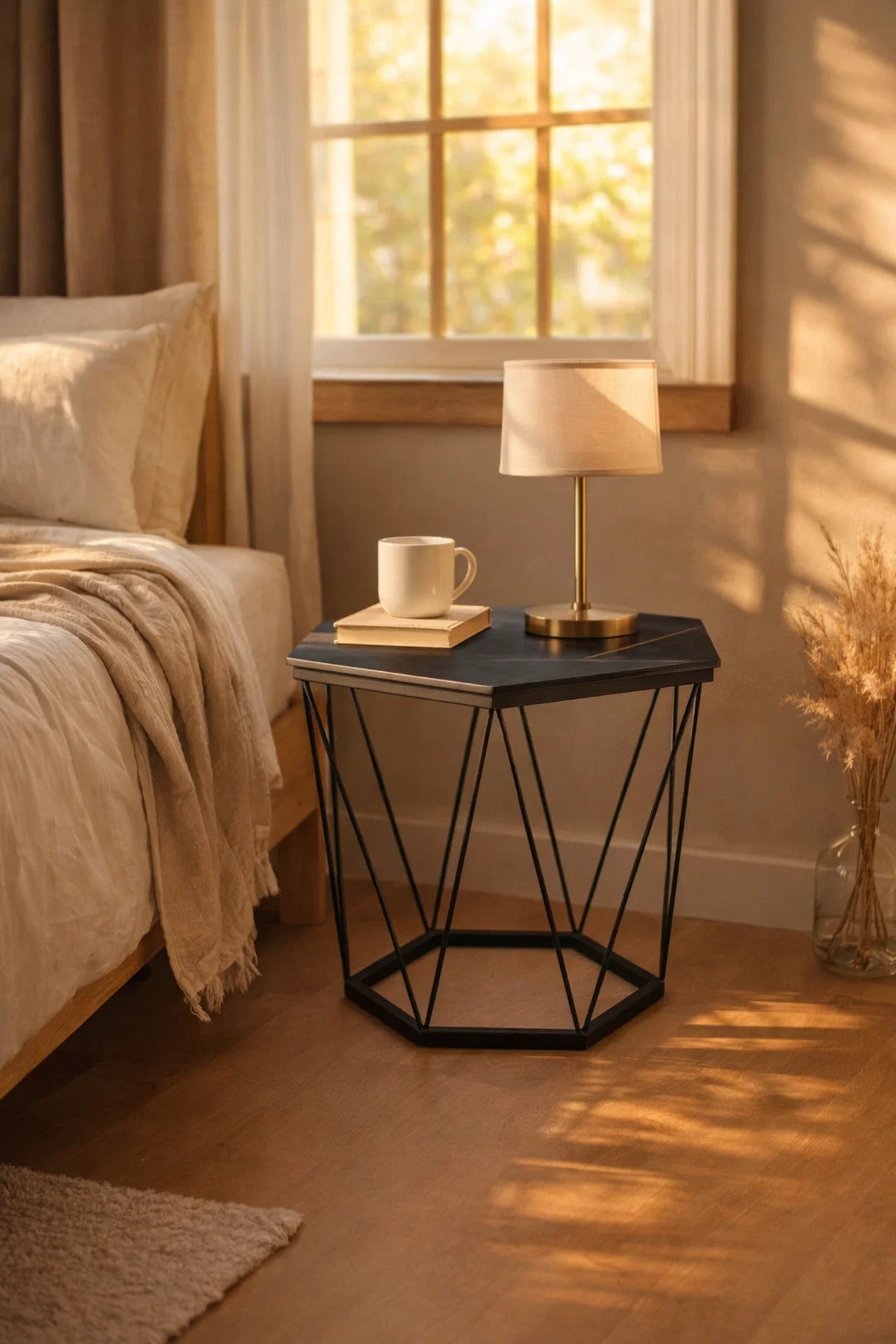 Modern Black Ceramic Top Hexagonal Coffee Table with Geometric Metal Wire Frame Design 60cm