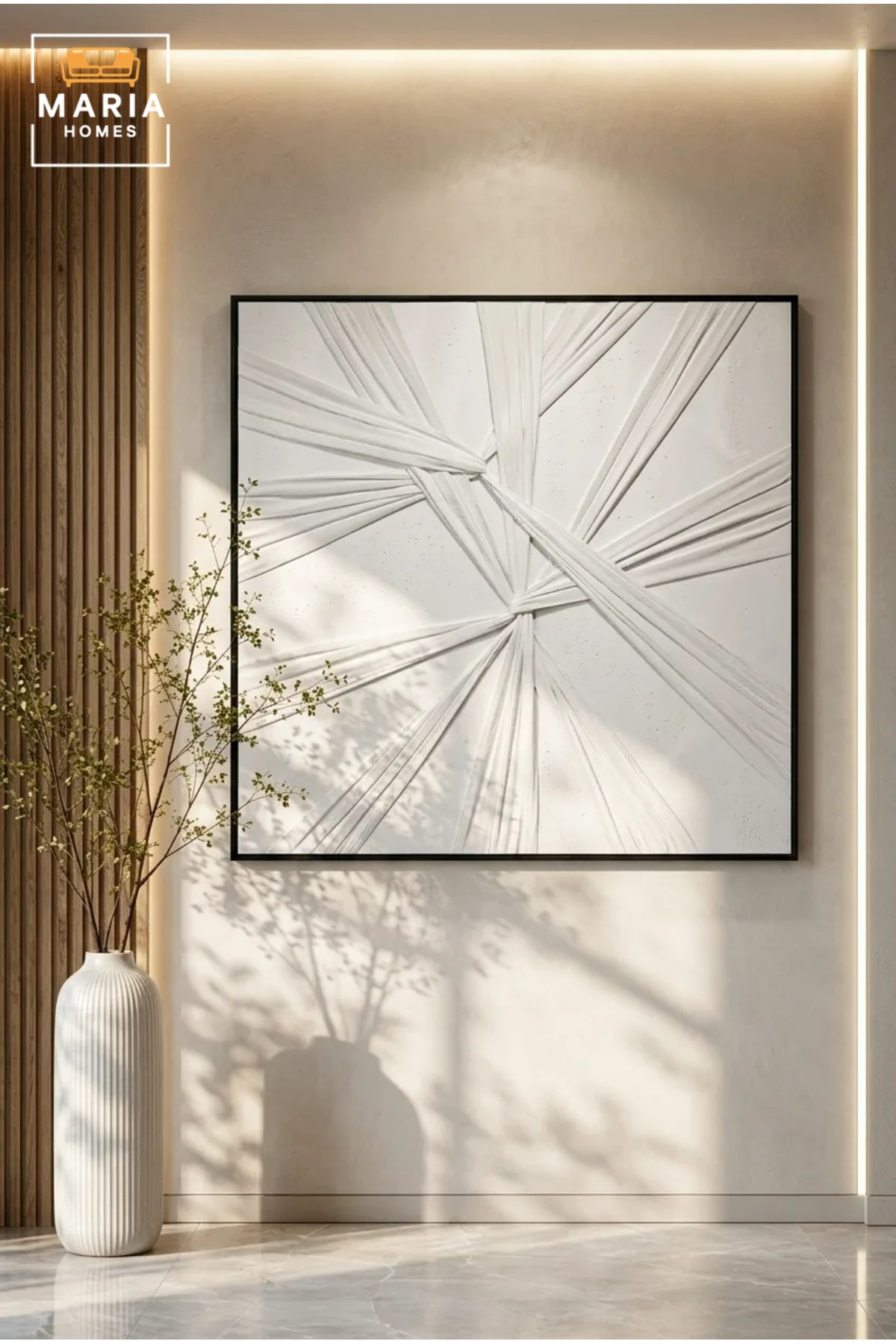 Modern White Geometric Textured Wall Art with Black Frame Ð Minimalist Abstract Relief Canvas for Contemporary Home DŽcor