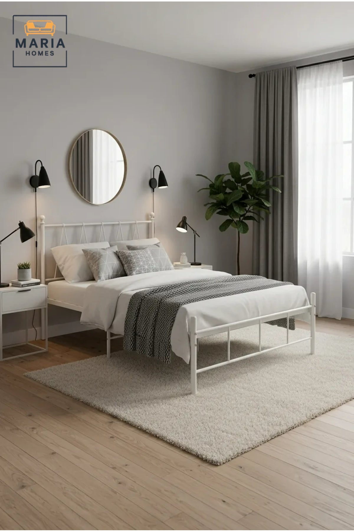 Modern White Metal Bed Frame 140_200 cm √ê Platform Bed with Geometric Headboard, Heavy Duty Mattress Foundation