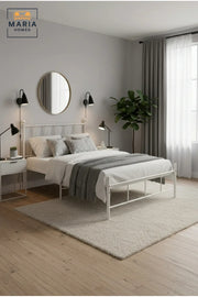 Modern White Metal Bed Frame 140_200 cm √ê Platform Bed with Geometric Headboard, Heavy Duty Mattress Foundation
