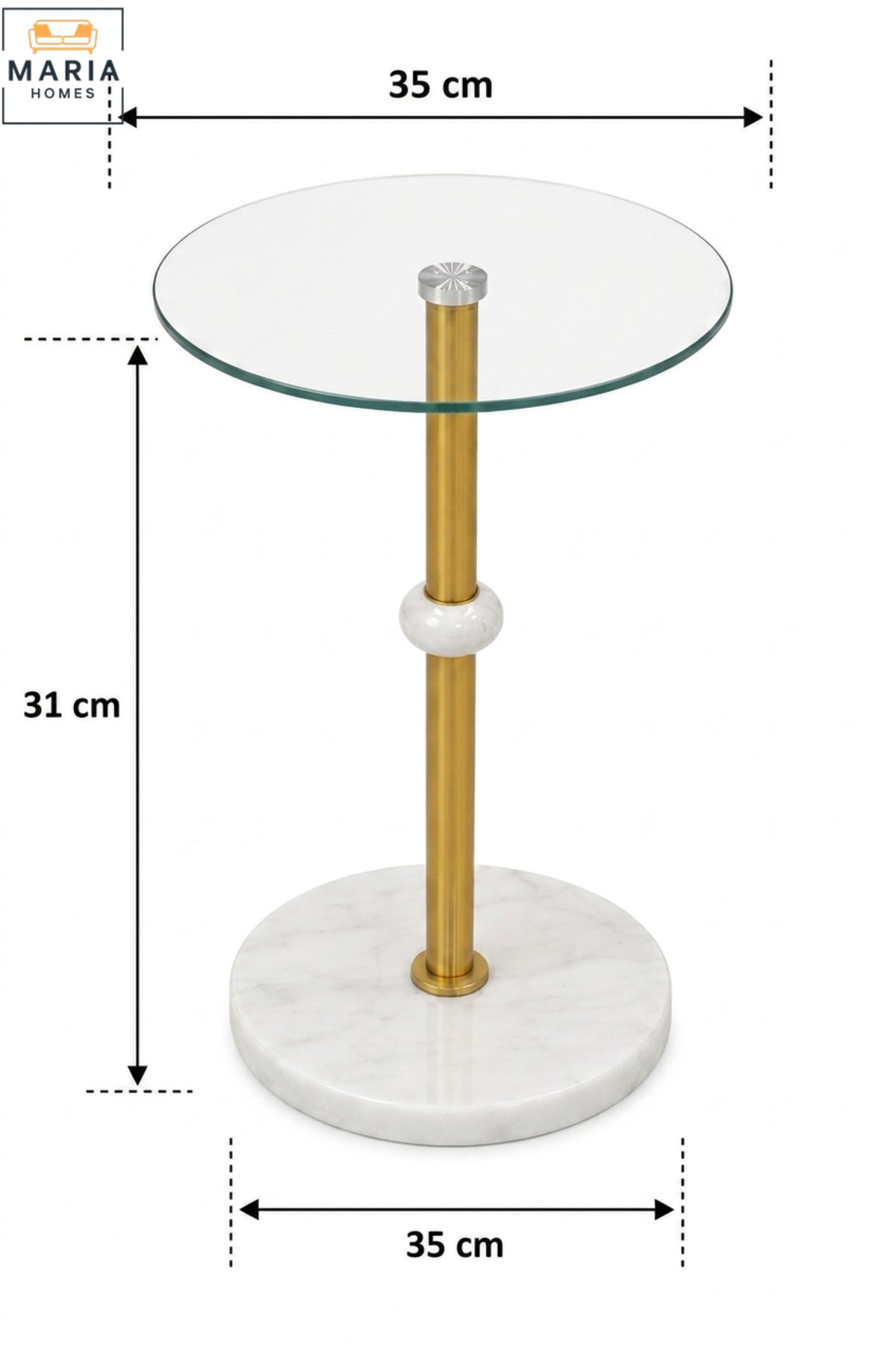 Luxury Glass Side Table with White Marble Base and Gold Metal Accent