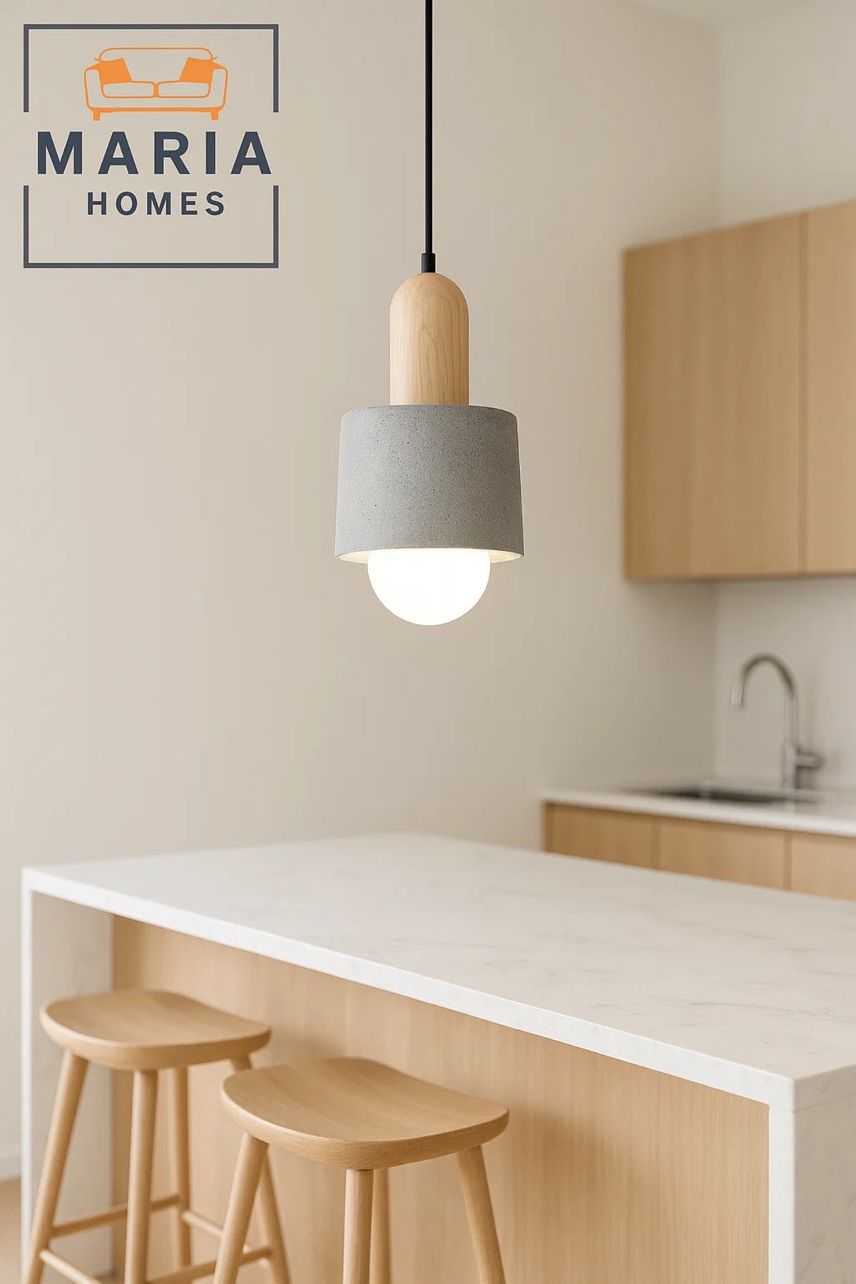 Compact Grey Pendant Light with Wooden Top