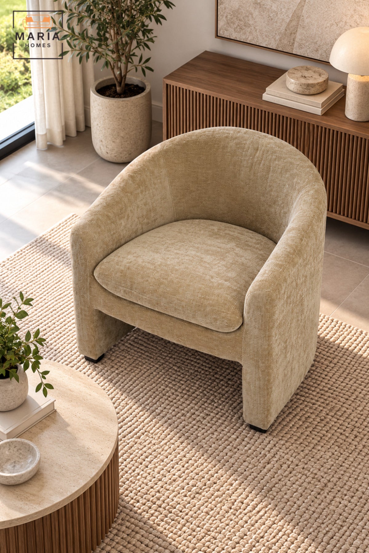 Modern Beige Fabric Accent Chair with Curved Backrest, Cushioned Seat and Integrated Armrests for Living Room, Bedroom, Lounge & Reception