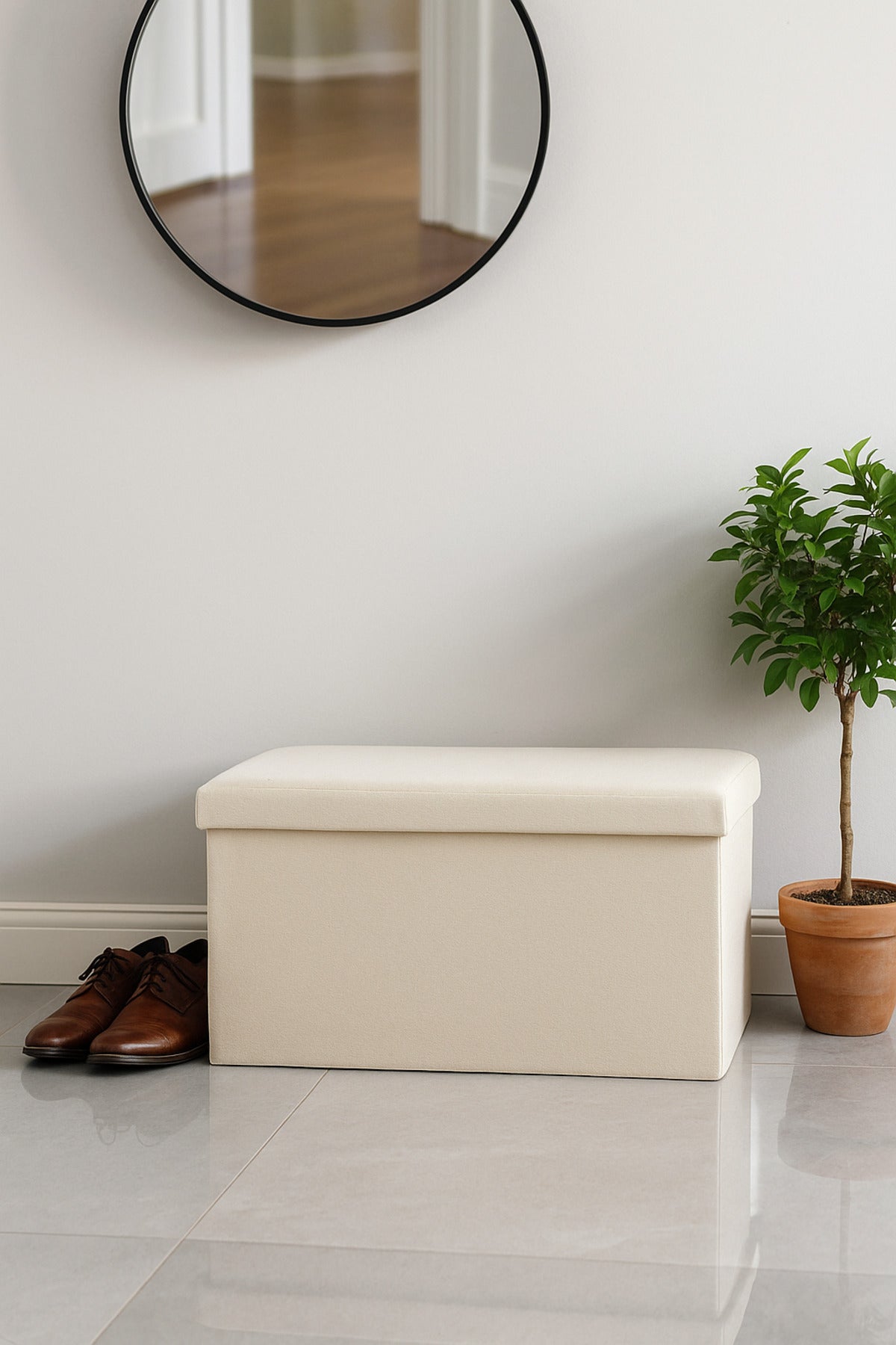 White Foldable Storage Ottoman Bench 76_38_38 cm Ð Multipurpose Fabric Seat with Hidden Storage
