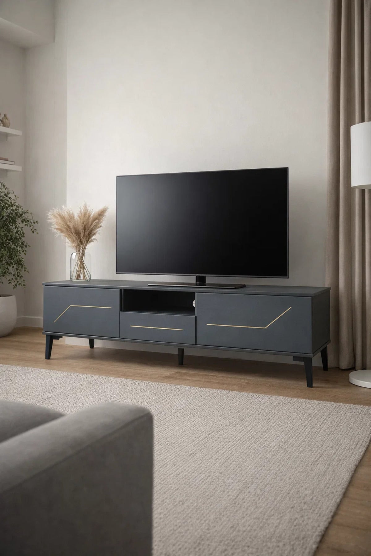 Dark Grey TV Stand √ê 140x40x45 cm Modern Plasma Table with Cabinets & Open Shelf