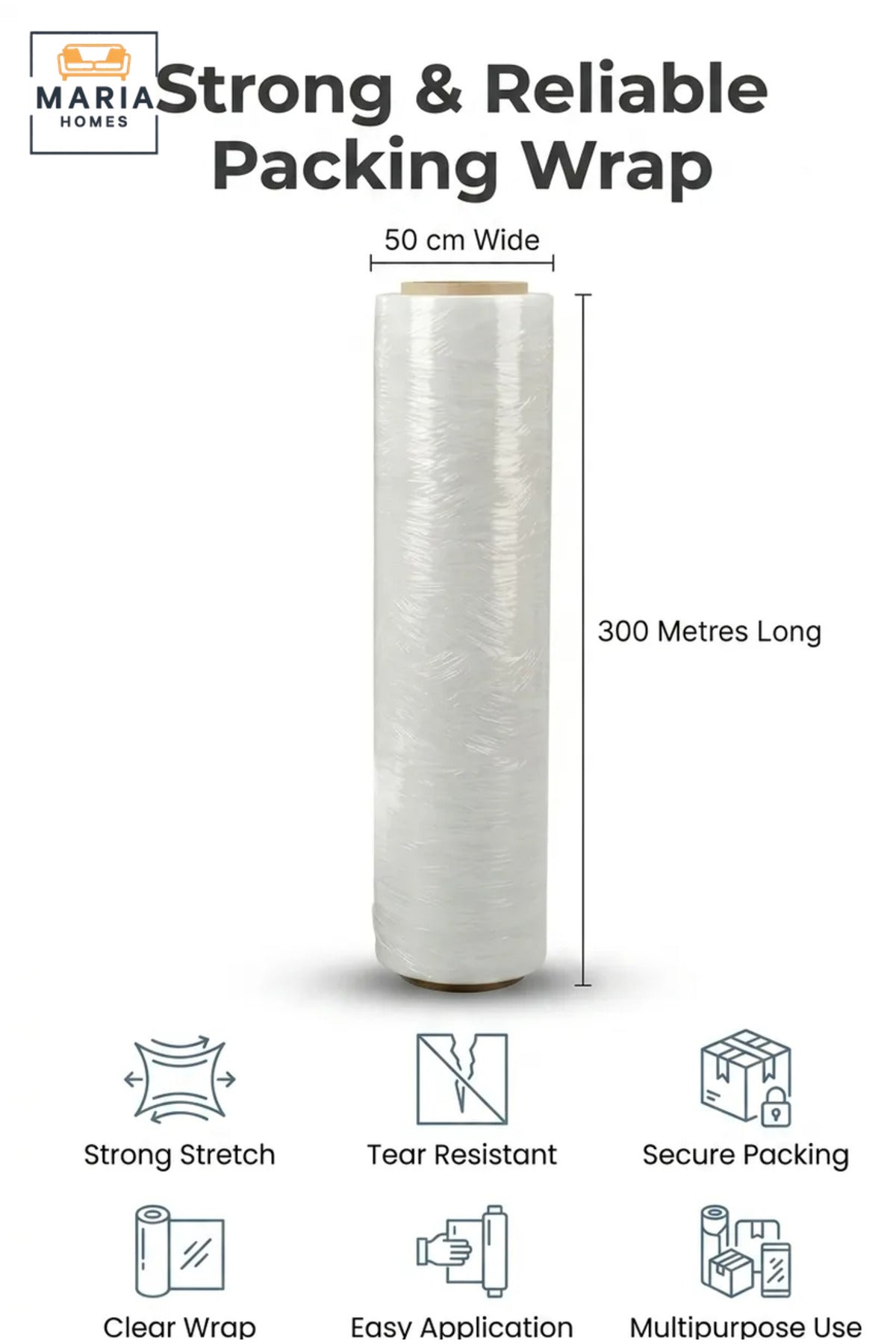 Clear Packing Wrap 50 cm Wide and 300 m Long, Flexible Stretch Wrap for Pallet Wrapping, Shipping, Warehouse Storage, Boxes, Parcels and Packaging