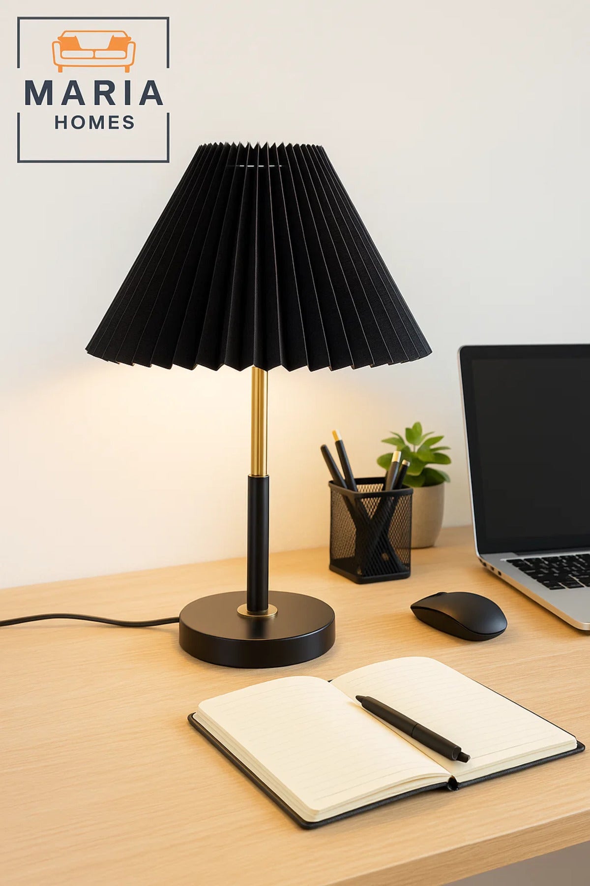 Black Table Lamp with Pleated Shade