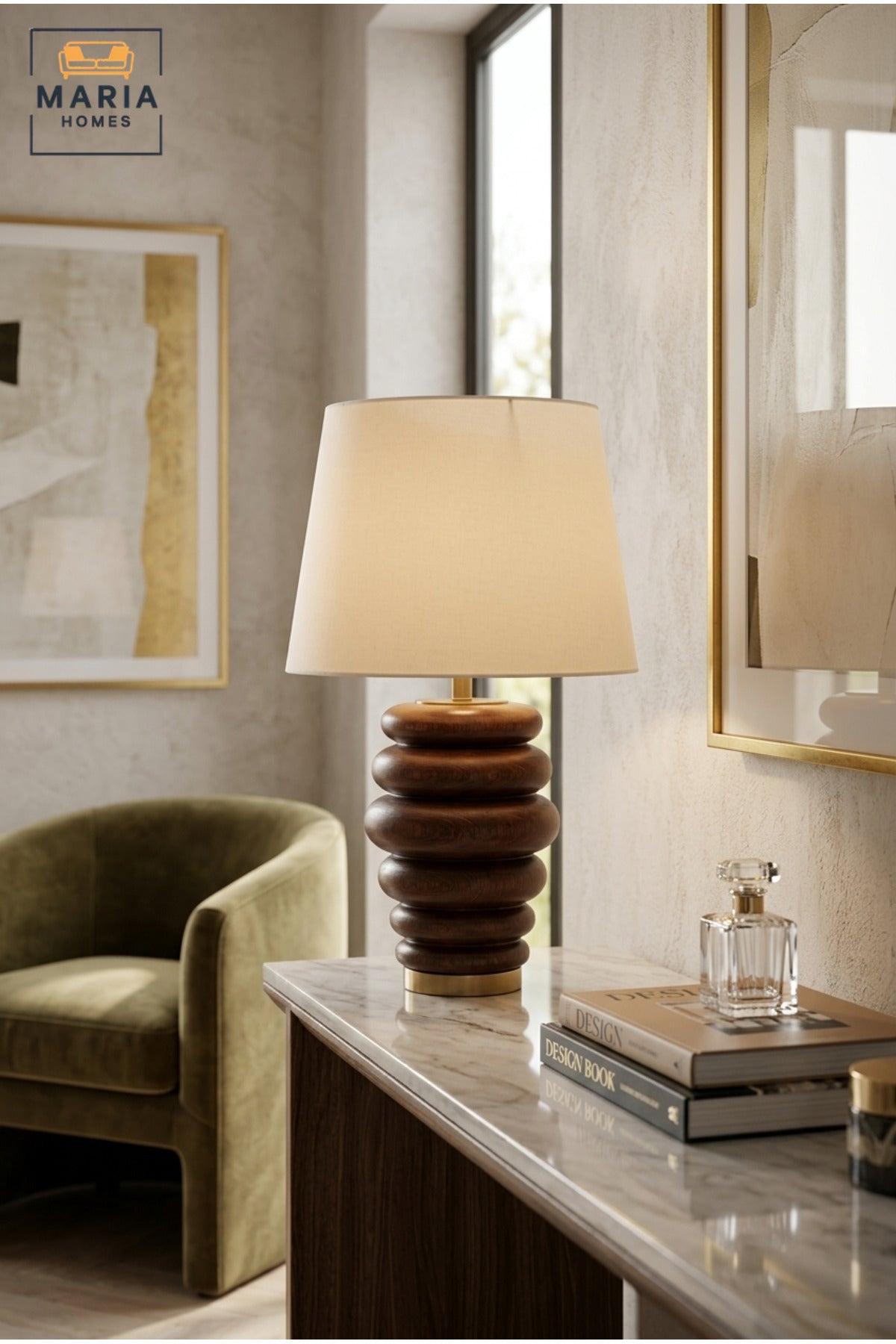Modern Sculptural Wooden Table Lamp with Fabric Shade and Gold Base Decorative Bedside Light for Bedroom Living Room Office Hotel and Home Décor