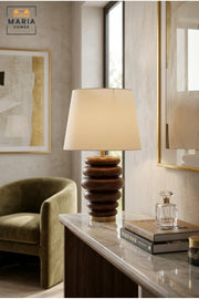 Modern Sculptural Wooden Table Lamp with Fabric Shade and Gold Base Decorative Bedside Light for Bedroom Living Room Office Hotel and Home Décor