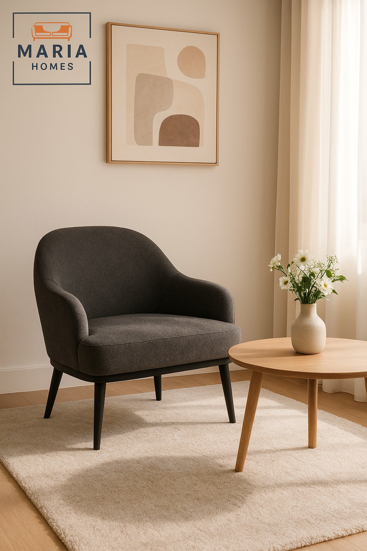 Dark Gray Armchair Ð Modern One-Seater Sofa with Fabric Upholstery & Black Legs