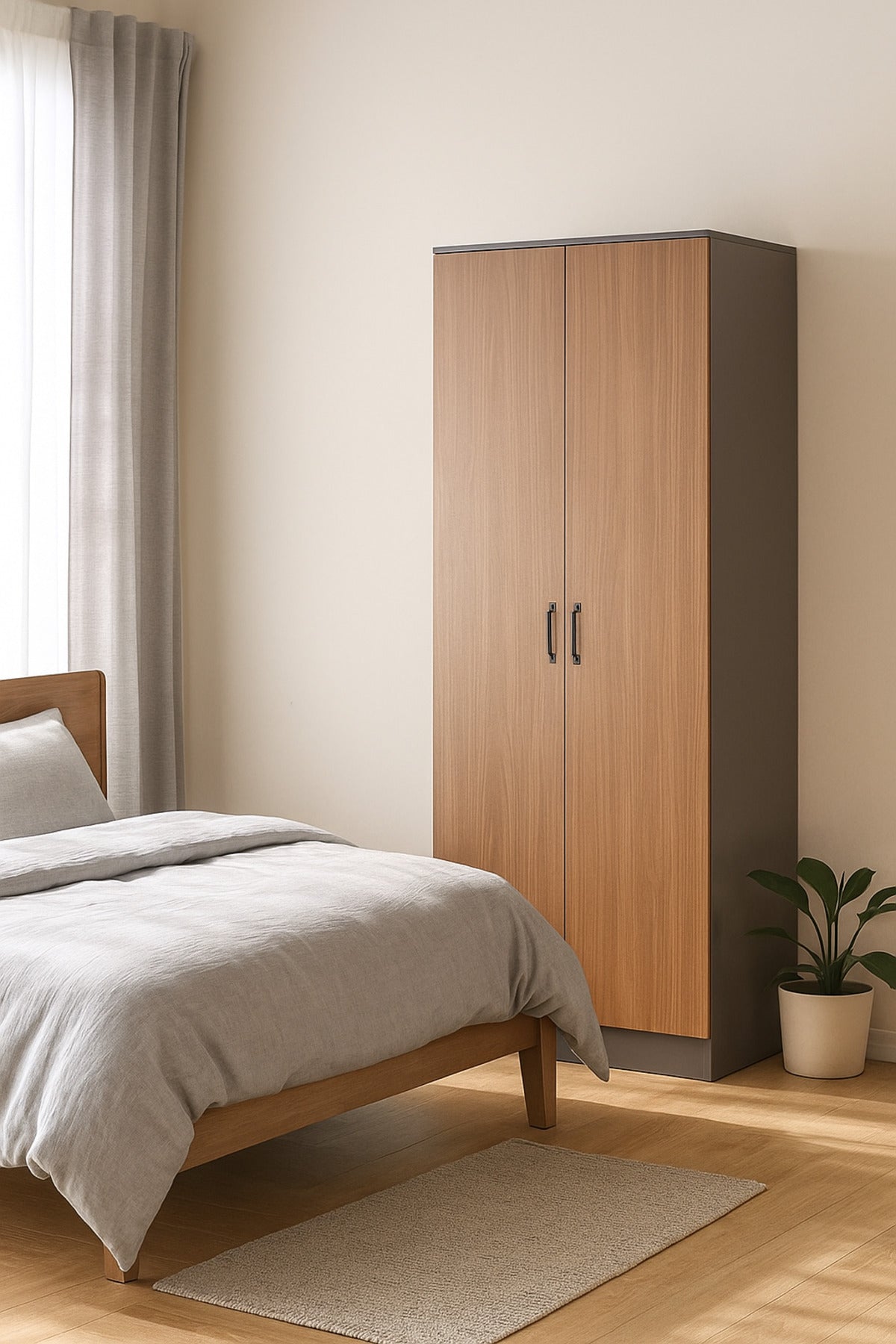 2-Door Wardrobe with Shelves Ð 80_54_200 cm Modern Gray & Wood Finish Storage Cabinet