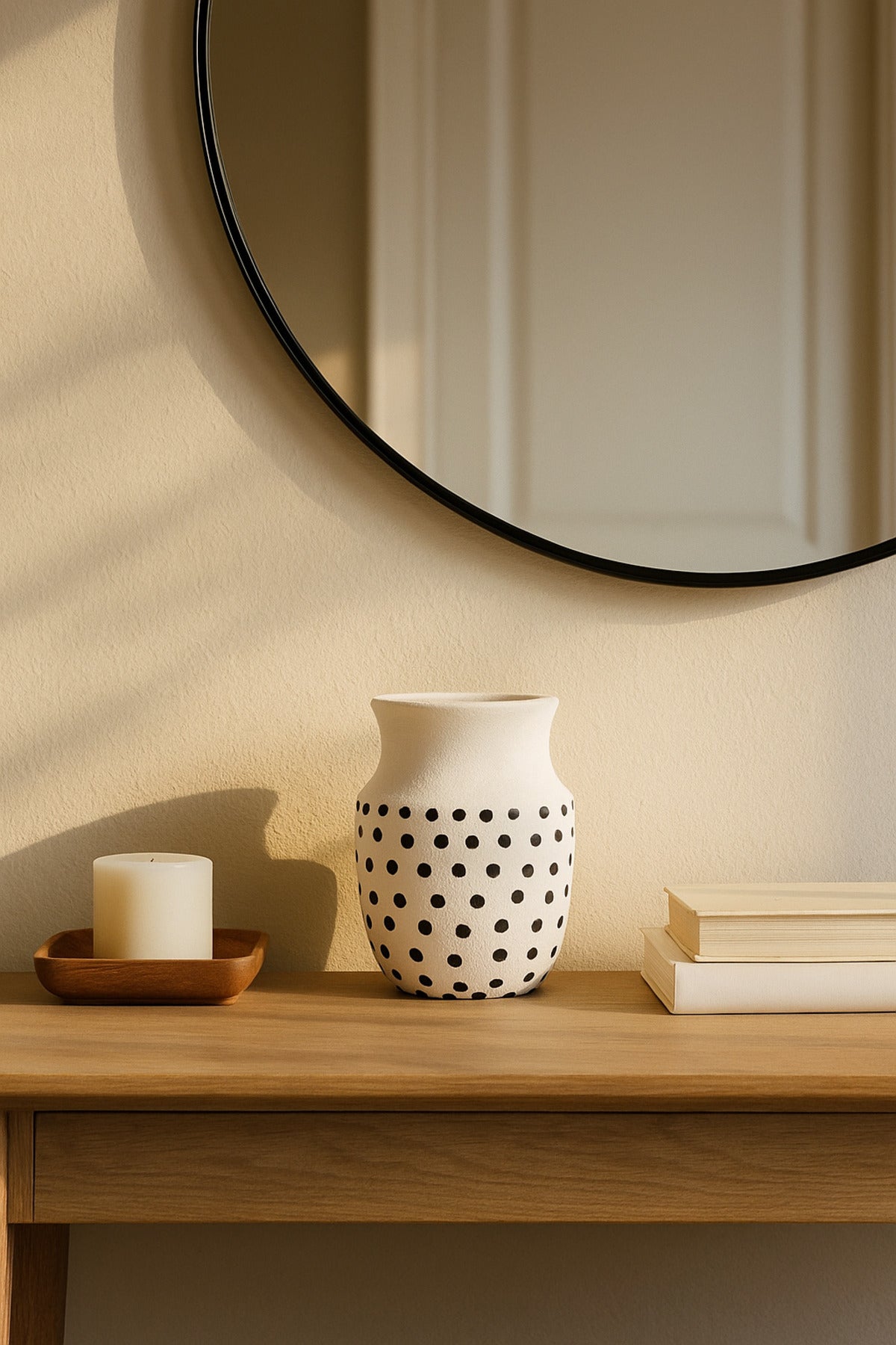 Natural White Ceramic Vase with Black Dots Ð Curved Mouth Decorative Vase