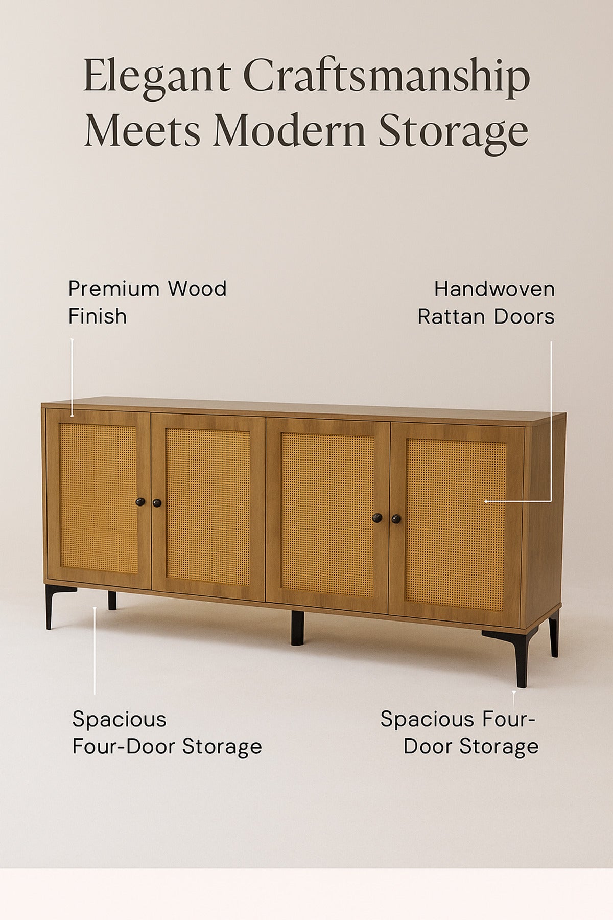 Brown Rattan Console Table 160_40_85 cm Ð Modern Wooden 4-Door Storage Cabinet with Black Metal Legs