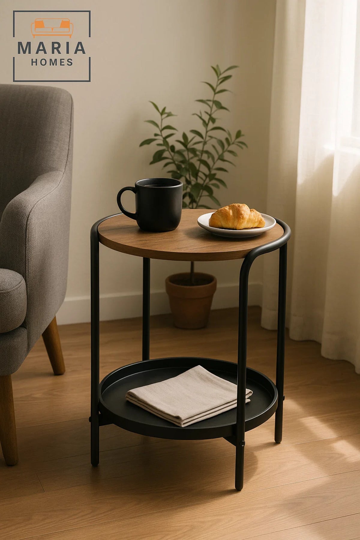 Round Side Table with Wood Top and Black Metal Frame with Tray Shelf